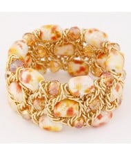 Stone Texture Beads with Golden Alloy Wire Weaving Style Fashion Bracelet - Yellow