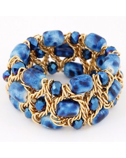 Stone Texture Beads with Golden Alloy Wire Weaving Style Fashion Bracelet - Blue