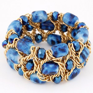 Stone Texture Beads with Golden Alloy Wire Weaving Style Fashion Bracelet - Blue
