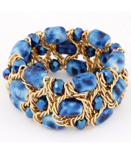 Stone Texture Beads with Golden Alloy Wire Weaving Style Fashion Bracelet - Blue