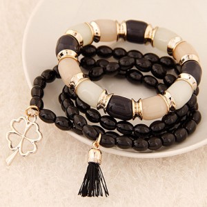 Golden Four-leaf Clover and Tassel Pendants Multi-layer Beads Fashion Bracelet - Black