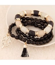 Golden Four-leaf Clover and Tassel Pendants Multi-layer Beads Fashion Bracelet - Black