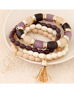 Golden Four-leaf Clover and Tassel Pendants Multi-layer Beads Fashion Bracelet - Coffee