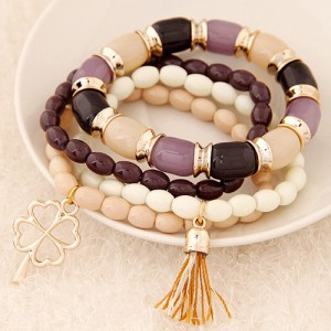 Golden Four-leaf Clover and Tassel Pendants Multi-layer Beads Fashion Bracelet - Violet