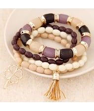 Golden Four-leaf Clover and Tassel Pendants Multi-layer Beads Fashion Bracelet - Violet