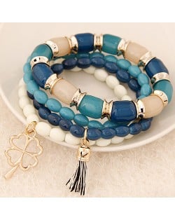 Golden Four-leaf Clover and Tassel Pendants Multi-layer Beads Fashion Bracelet - Blue