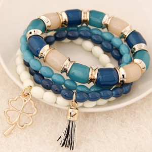 Golden Four-leaf Clover and Tassel Pendants Multi-layer Beads Fashion Bracelet - Blue