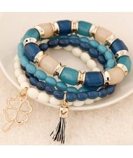 Golden Four-leaf Clover and Tassel Pendants Multi-layer Beads Fashion Bracelet - Blue