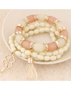 Golden Four-leaf Clover and Tassel Pendants Multi-layer Beads Fashion Bracelet - White