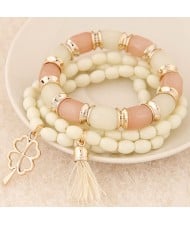 Golden Four-leaf Clover and Tassel Pendants Multi-layer Beads Fashion Bracelet - White