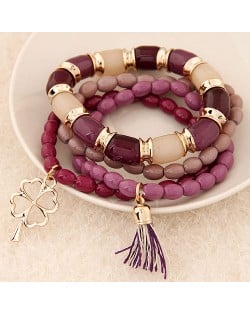 Golden Four-leaf Clover and Tassel Pendants Multi-layer Beads Fashion Bracelet - Grape