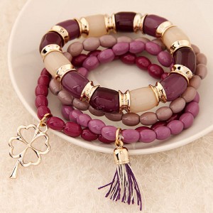 Golden Four-leaf Clover and Tassel Pendants Multi-layer Beads Fashion Bracelet - Grape
