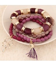 Golden Four-leaf Clover and Tassel Pendants Multi-layer Beads Fashion Bracelet - Grape