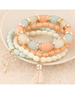 Golden Four-leaf Clover and Tassel Pendants Multi-layer Beads Fashion Bracelet - Light Orange