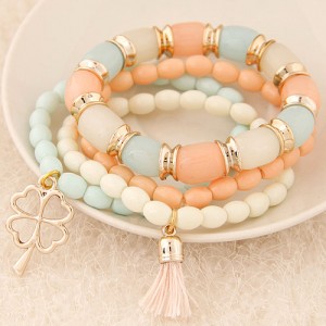 Golden Four-leaf Clover and Tassel Pendants Multi-layer Beads Fashion Bracelet - Light Orange