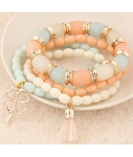 Golden Four-leaf Clover and Tassel Pendants Multi-layer Beads Fashion Bracelet - Light Orange