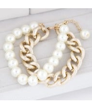 Chunky Golden Alloy Chain and Pearls Chain Combo Design Fashion Bracelet