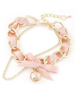 Sweet Crystal Ball Pendant Bowknot Cloth and Alloy Mix Design Bracelet - Pink