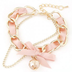 Sweet Crystal Ball Pendant Bowknot Cloth and Alloy Mix Design Bracelet - Pink