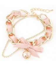Sweet Crystal Ball Pendant Bowknot Cloth and Alloy Mix Design Bracelet - Pink