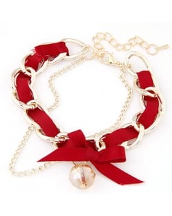 Sweet Crystal Ball Pendant Bowknot Cloth and Alloy Mix Design Bracelet - Red