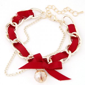 Sweet Crystal Ball Pendant Bowknot Cloth and Alloy Mix Design Bracelet - Red