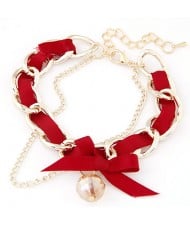 Sweet Crystal Ball Pendant Bowknot Cloth and Alloy Mix Design Bracelet - Red