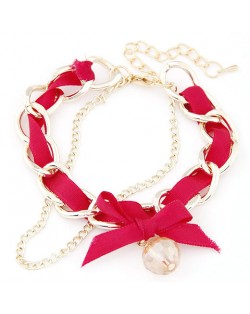 Sweet Crystal Ball Pendant Bowknot Cloth and Alloy Mix Design Bracelet - Rose