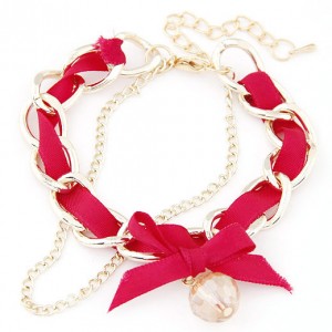 Sweet Crystal Ball Pendant Bowknot Cloth and Alloy Mix Design Bracelet - Rose