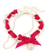 Sweet Crystal Ball Pendant Bowknot Cloth and Alloy Mix Design Bracelet - Rose