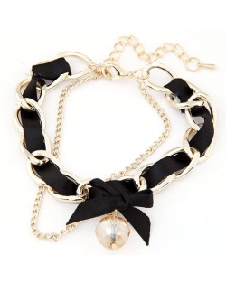 Sweet Crystal Ball Pendant Bowknot Cloth and Alloy Mix Design Bracelet - Black