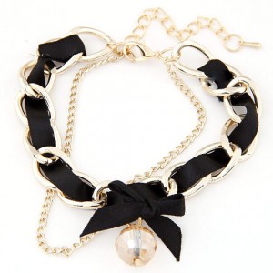 Sweet Crystal Ball Pendant Bowknot Cloth and Alloy Mix Design Bracelet - Black