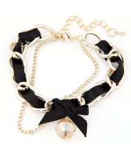 Sweet Crystal Ball Pendant Bowknot Cloth and Alloy Mix Design Bracelet - Black