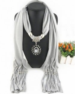 Oval Turquoise Pendant Fashion Scarf Necklace - Gray