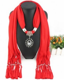 Oval Turquoise Pendant Fashion Scarf Necklace - Red