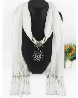 Oval Turquoise Pendant Fashion Scarf Necklace - White