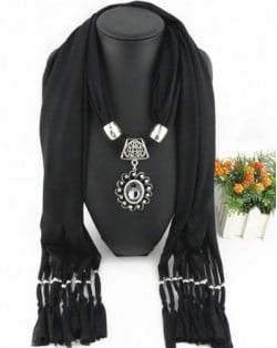 Oval Turquoise Pendant Fashion Scarf Necklace - Black