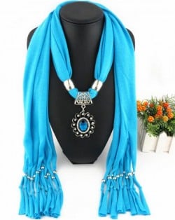 Oval Turquoise Pendant Fashion Scarf Necklace - Sky Blue