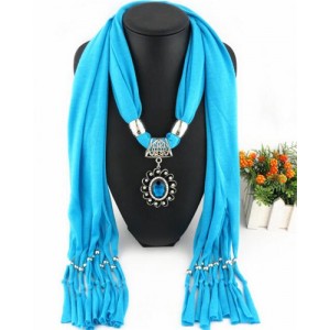 Oval Turquoise Pendant Fashion Scarf Necklace - Sky Blue