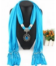 Oval Turquoise Pendant Fashion Scarf Necklace - Sky Blue