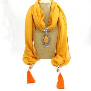 Stone Gem Water Drop Pendant Fashion Tassel Scarf Necklace - Yellow