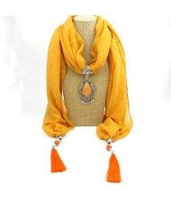 Stone Gem Water Drop Pendant Fashion Tassel Scarf Necklace - Yellow