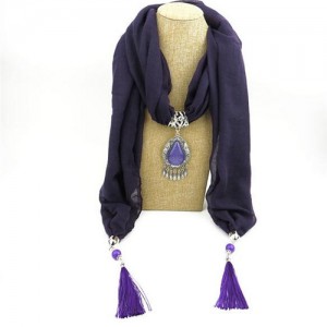 Stone Gem Water Drop Pendant Fashion Tassel Scarf Necklace - Purple