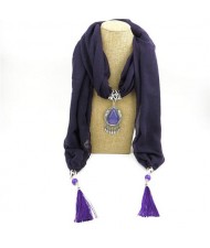 Stone Gem Water Drop Pendant Fashion Tassel Scarf Necklace - Purple