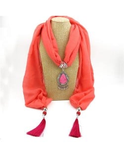 Stone Gem Triangle Pendant Fashion Scarf Necklace - Red