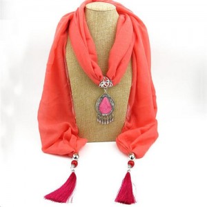 Stone Gem Water Drop Pendant Fashion Tassel Scarf Necklace - Red
