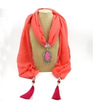 Stone Gem Water Drop Pendant Fashion Tassel Scarf Necklace - Red