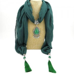 Stone Gem Water Drop Pendant Fashion Tassel Scarf Necklace - Ink Green