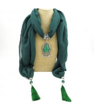 Stone Gem Water Drop Pendant Fashion Tassel Scarf Necklace - Ink Green