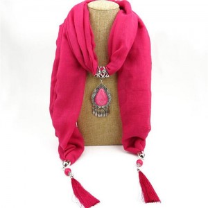 Stone Gem Water Drop Pendant Fashion Tassel Scarf Necklace - Rose